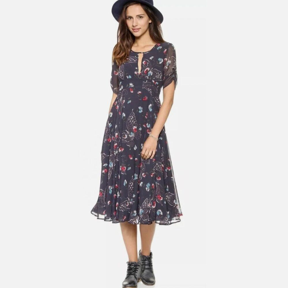 Free People 2 XS Bonnie Dress Floral CottageCore Blue Fit Flare Boho Coquette